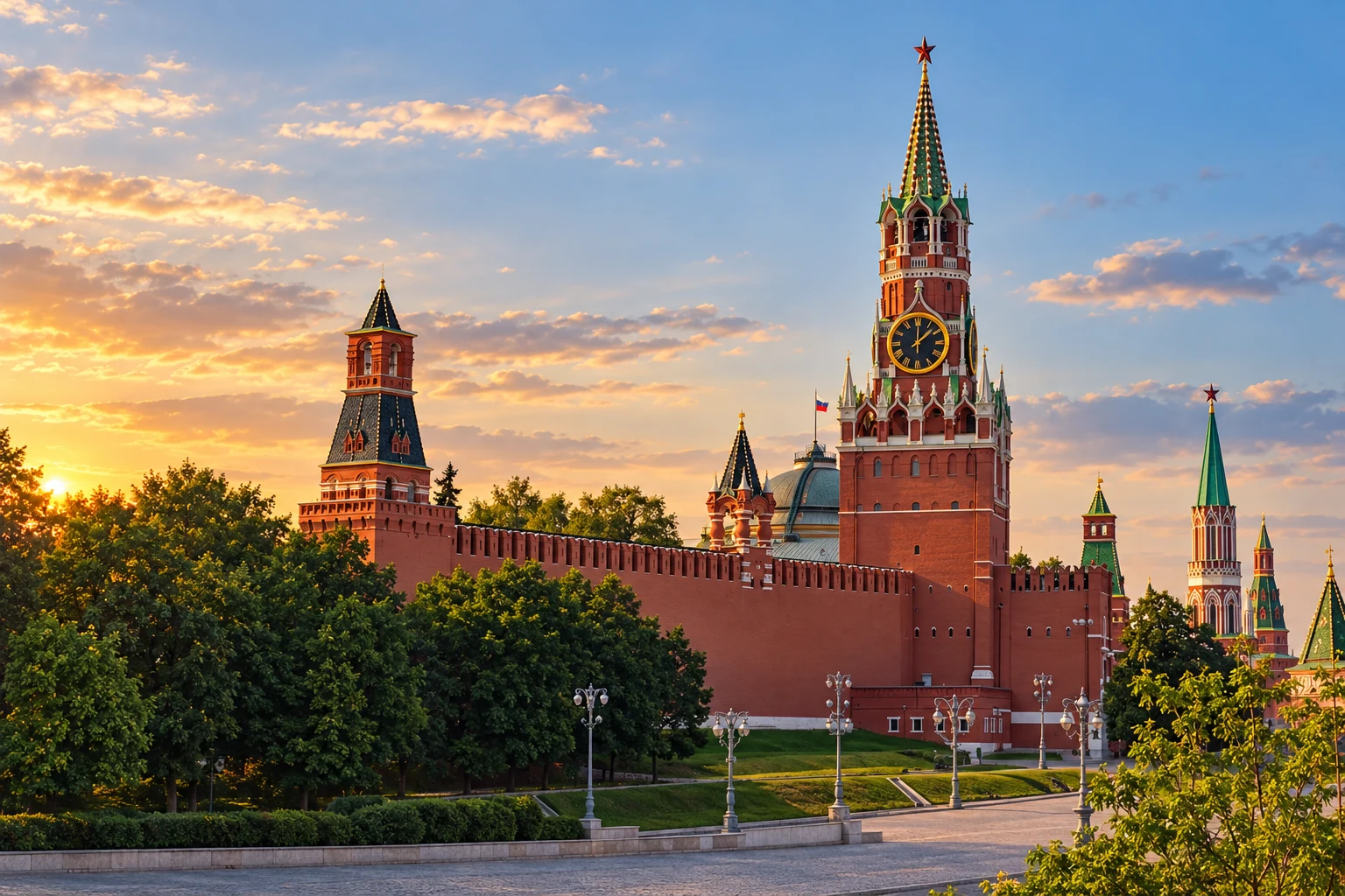 Вечерний вид на Спасскую башню и стены Московского Кремля